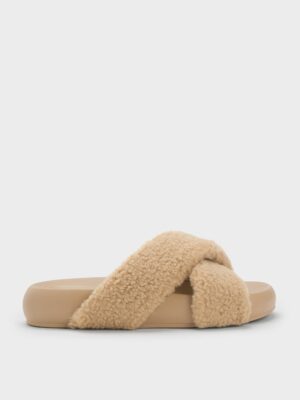 Charles & Keith - Lumi Faux Shearling Crossover-Strap Slide Sandals