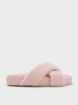 Charles & Keith - Lumi Faux Shearling Crossover-Strap Slide Sandals