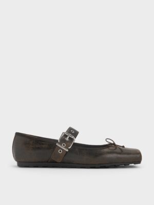 Charles & Keith - Myler Crinkle-Effect Bow Square-Toe Buckled Mary Janes
