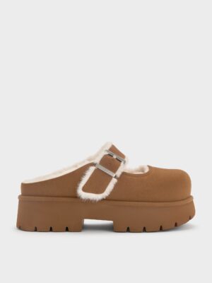 Charles & Keith - Bergen Textured Fur-Trim Buckled Platform Mules