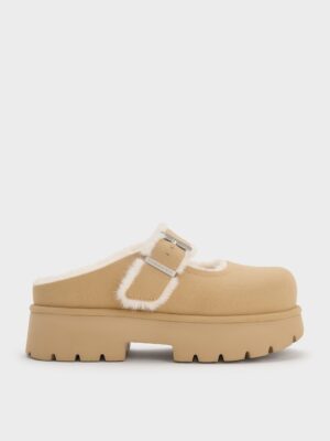 Charles & Keith - Bergen Textured Fur-Trim Buckled Platform Mules