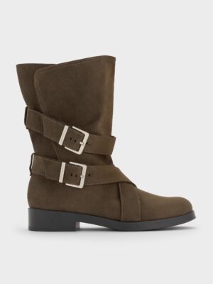 Charles & Keith - Brett Faux Suede Buckle-Strap Calf Boots