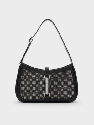 Charles & Keith - Cesia Satin Crystal-Embellished Metallic-Accent Shoulder Bag