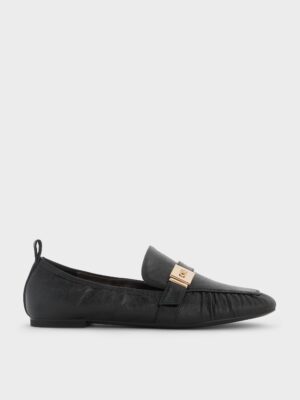 Charles & Keith - Cody Leather Metallic-Buckle Ruched Loafers