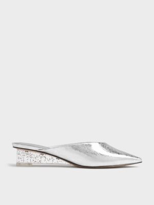 Charles & Keith - Metallic Crinkle-Effect Speckled-Heel Wedge Mules​