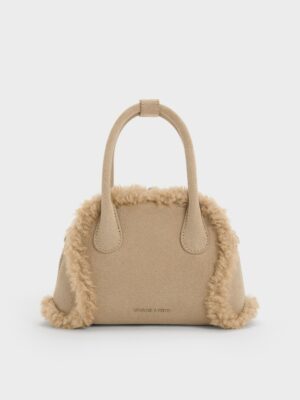 Charles & Keith - Nelly Recycled Suede & Faux Shearling Bowling Bag