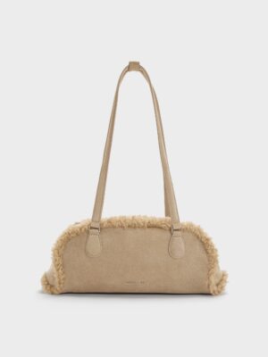 Charles & Keith - Nelly Recycled Suede & Faux Shearling Elongated Shoulder Bag