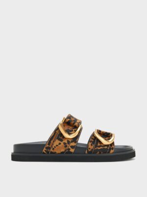 Charles & Keith - Gabine Leopard-Print Gold-Buckle Leather Slides