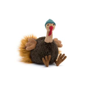 Jellycat THEO2TKY Theo Turkey Sitting Plush Soft Toy wearing a Teal Hat