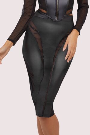 Maeve Black Vegan Leather Mesh Insert Pencil Skirt | UK 16 | Wolf & Whistle