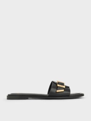Charles & Keith - Whitney Leather Buckled Square-Toe Slide Sandals