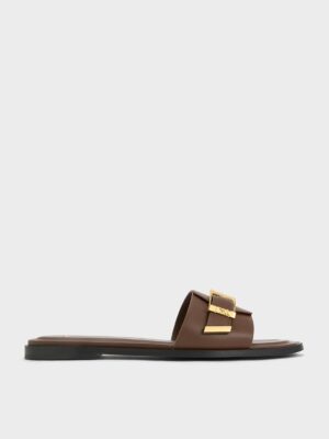 Charles & Keith - Whitney Leather Buckled Square-Toe Slide Sandals