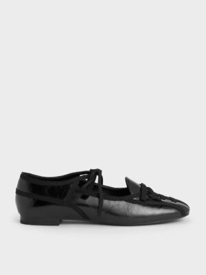 Charles & Keith - Crinkle-Effect Lace-Up Bow Ballet Flats