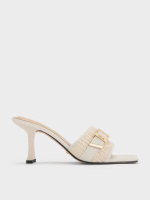 Charles & Keith - Whitney Leather & Raffia Buckled Heeled Mules