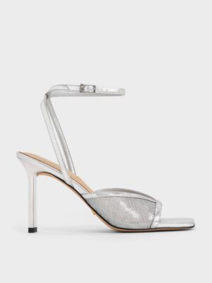 Charles & Keith - Sequin Mesh & Leather Ankle-Strap Heeled Sandals