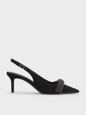 Charles & Keith - Faux Suede Crystal-Embellished Pointed-Toe Slingback Pumps
