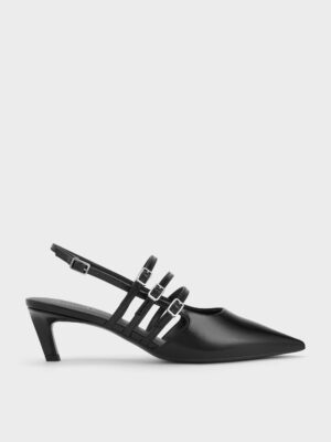 Charles & Keith - Patent Triple-Strap Pointed-Toe Kitten-Heel Slingback Pumps