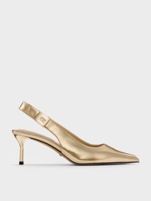 Charles & Keith - Cody Metallic Leather Pointed-Toe Kitten-Heel Slingback Pumps