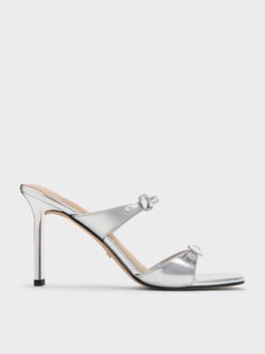 Charles & Keith - Metallic Leather Gem-Buckle Double-Strap Heeled Sandals