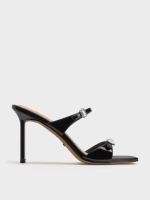 Charles & Keith - Patent Leather Gem-Buckle Double-Strap Heeled Sandals