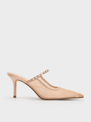 Charles & Keith - Lace & Satin Crystal Heeled Mules