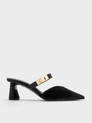 Charles & Keith - Lando Velvet Pointed-Toe Metallic-Buckle Heeled Mules