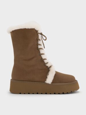 Charles & Keith - Faux Suede & Faux Fur Foldover Flatform Boots