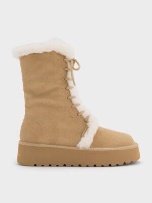 Charles & Keith - Faux Suede & Faux Fur Foldover Flatform Boots