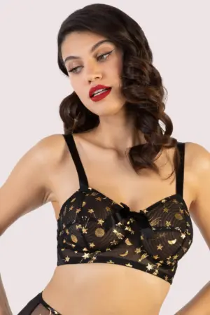 Solar Black And Gold Cosmic Print Bullet Bra | UK 34B | Bettie Page Lingerie