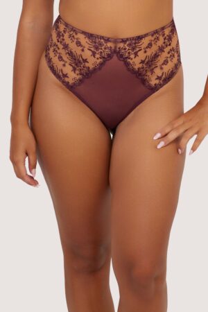 Cassia Wine Custom Embroidery High Waisted Thong | UK 26 | Playful Promises
