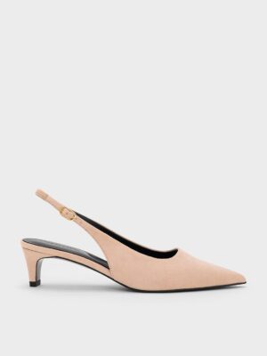 Charles & Keith - Faux Suede Pointed-Toe Kitten-Heel Slingback Pumps