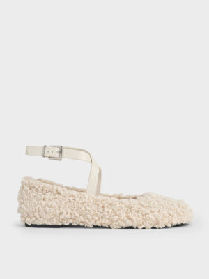 Charles & Keith - Margot Furry Crossover-Strap Ballet Flats