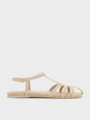 Charles & Keith - Strappy Raffia T-Bar Ankle-Strap Sandals
