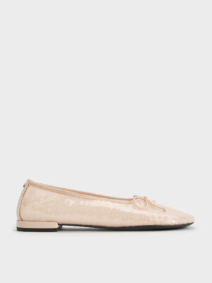 Charles & Keith - Sequin Mesh & Leather Bow Ballet Flats