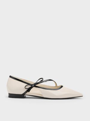 Charles & Keith - Patent Contrast-Trim Pointed-Toe Bow-Strap Flats