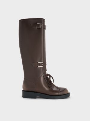 Charles & Keith - Burnished Double-Buckle Combat Knee-High Boots