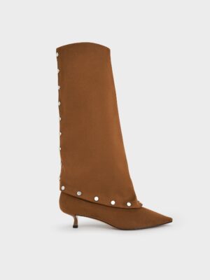 Charles & Keith - Gael Faux Suede Studded Convertible Kitten-Heel Knee-High Boots