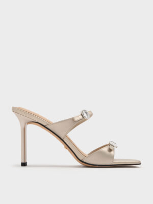 Charles & Keith - Pearlescent Leather Gem-Buckle Double-Strap Heeled Sandals