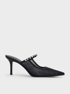 Charles & Keith - Lace & Satin Crystal Heeled Mules