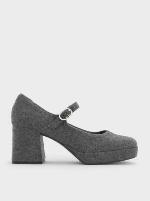 Charles & Keith - Felt Platform Block-Heel Mary Jane Pumps