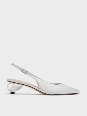 Charles & Keith - Satin Pointed-Toe Crystal-Heel Slingback Pumps