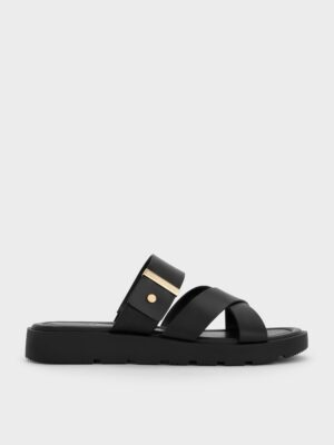 Charles & Keith - Metallic-Accent Crossover-Strap Slide Sandals