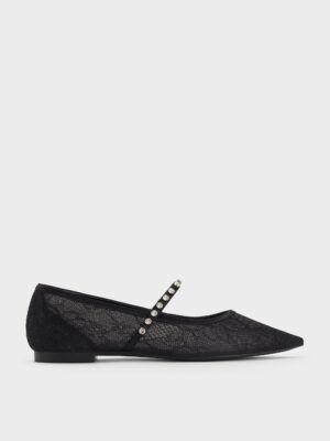 Charles & Keith - Lace & Satin Crystal Mary Jane Flats