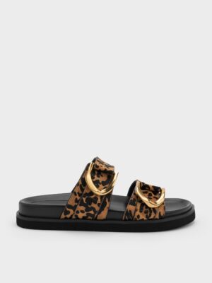 Charles & Keith - Gabine Leopard-Print Gold-Buckle Leather Slides