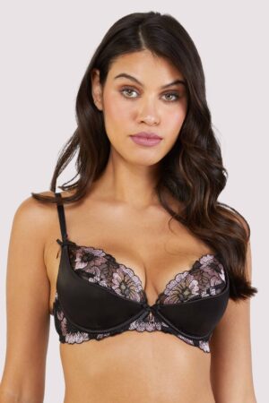 Alicia Black And Pink Embroidered Plunge Bra | UK 38DD | Playful Promises