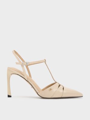 Charles & Keith - Leather Snake-Print T-Bar Pointed-Toe Pumps