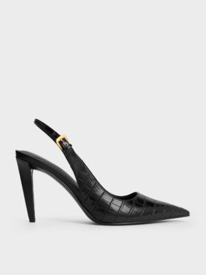 Charles & Keith - Croc-Effect Cone-Heel Pointed-Toe Pumps