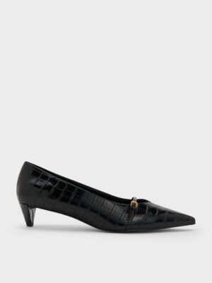 Charles & Keith - Croc-Effect Buckled Pointed-Toe Kitten-Heel Pumps