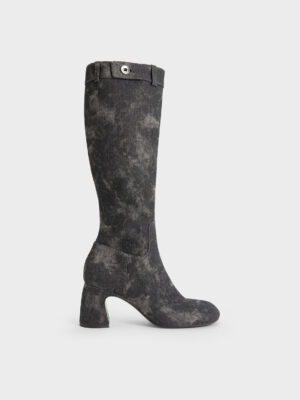 Charles & Keith - Denim Block-Heel Knee-High Biker Boots