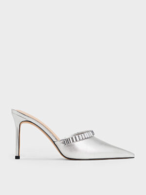 Charles & Keith - Metallic Crystal-Embellished Pointed-Toe Heeled Mules